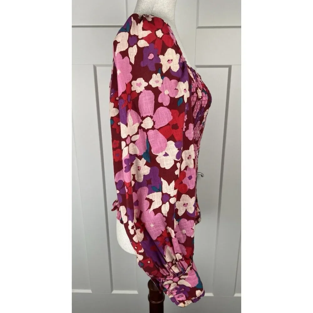 Free People Ariana Smocked Floral Top M Pink Red Balloon Sleeve Cottagecore